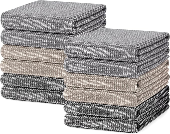 Mordimy Premium Kitchen Towels 12 Pack (18 x 28 Inches, Grey/Khaki/Black), Large Cotton Flat & Terry Kitchen Hand Towel, Super Absorbent Tea Dishtowels Set with Hanging Loop