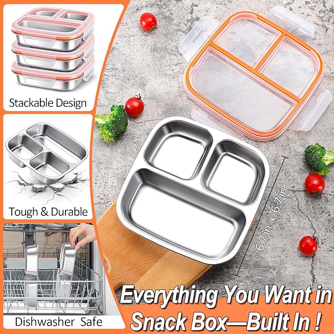 KTKUDY Stainless Steel Snack Container - Kids Lunch Container with 3 Compartment - Divided Meal Prep Bento Box for Kids Daycare, School, Work, Travel