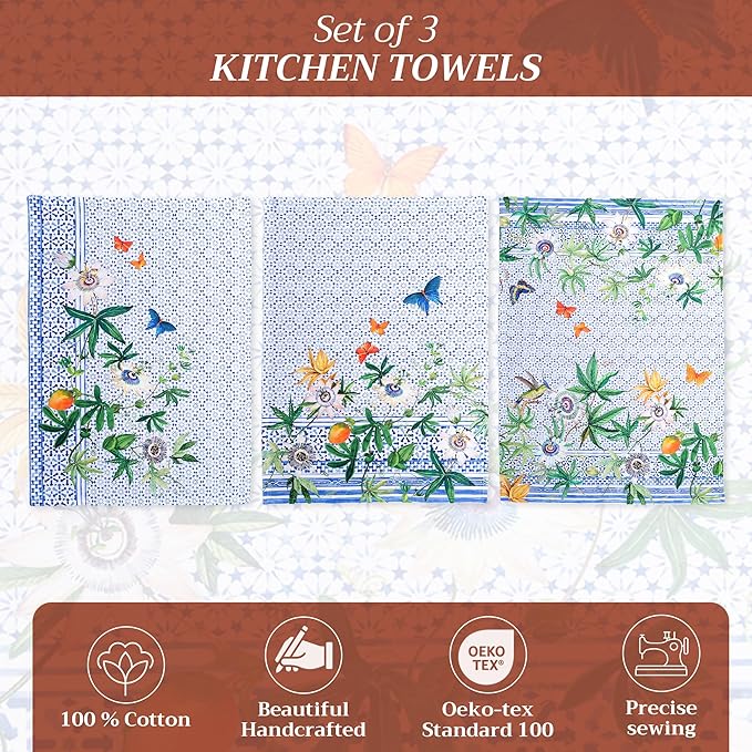 Maison d' Hermine Kitchen Towels Set of 3 100% Cotton 27.50" x 20" Reusable Cloth Tea Dish Towels Absorbent with Hanging Loop for Kitchen Gifts for Mothers Day Spring/Summer (Passiflora)