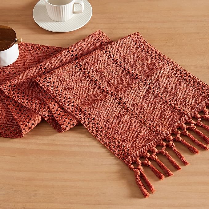 ZeeMart Macrame Style Boho Table Runner, Rust Table Runners 48 Inches Long, Farmhouse Woven Home Decor, 12x48 Inch, Rust