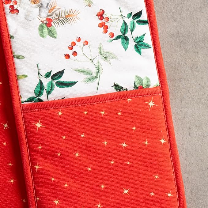 Maison d' Hermine Double Oven Mitt (7" x 35") 100% Cotton Heat Resistant BBQ Cooking Gloves with Loop for Thanksgiving Christmas Decorations Baking Cooking Barbeque Handling Hot Pan (Noel)