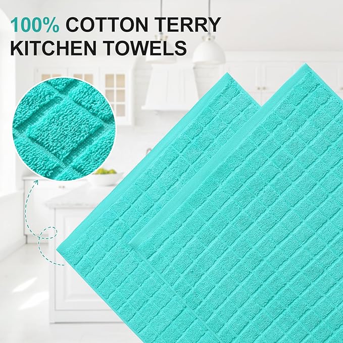 Homaxy Premium Cotton Kitchen Towels 16"x 28", Large Natural Ring Spun 390 GSM Dish Towels, Super Absorbent Terry Kitchen Hand Towels, Soft Tea Towels with Hanging Loop, Pure Aqua Design, 6 Pack