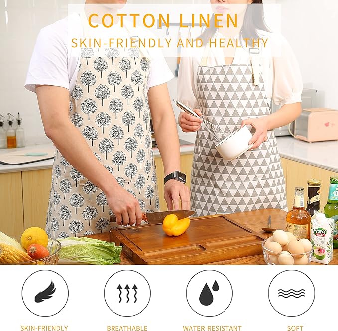Tosewever 2 Pieces Cotton Linen Waterproof Bib Apron with 2 Pockets - Long Ties Adjustable Neck Strap - Unisex Cooking Kitchen Decorative Pattern Aprons for Women Chef (Triangle/Tree, 2)