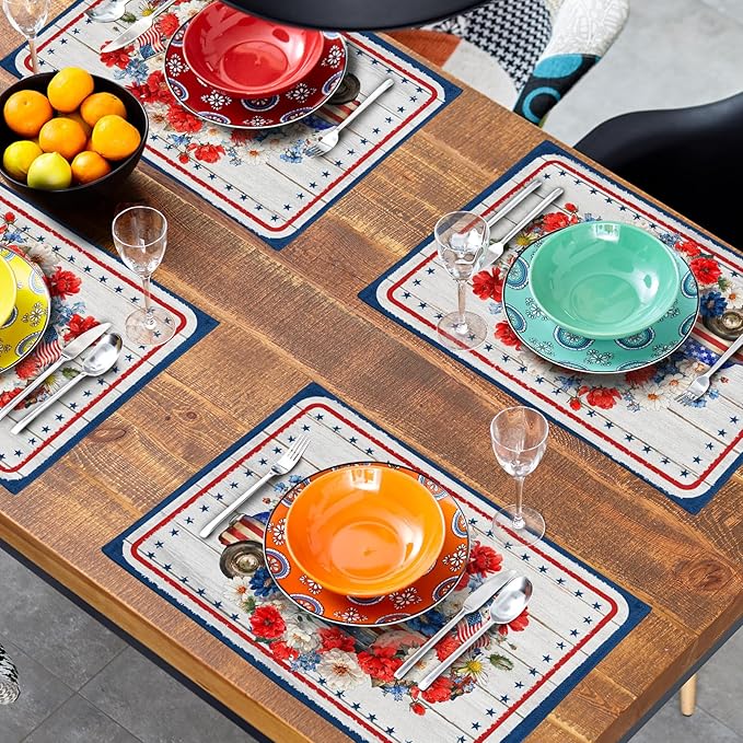 Patriotic Truck Linen Placemat Sets American Flag Flowers Place Mat for Home Dining Tabletop Decor