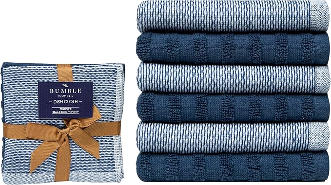 Bumble Premium Dish Cloths 13"x13" (6 Pack) | 100% Natural Ring Spun Cotton | 400 GSM | Highly Absorbent & Soft |Yarn Dyed & Solid Dyed Terry Dish Cloth Set - Blue