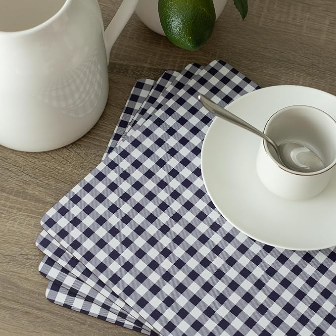 Benson Mills Cork Placemats Set of 4, Thick Cork Place Mats for Kitchen and Dining Tables, Easy Clean Table Mats (12" x 16" Rectangular Set of 4, Gingham Check Navy)