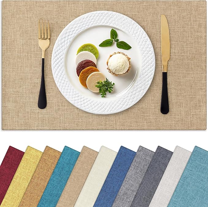 Homaxy Cloths Placemats for Dining Table Set of 6, Heat Resistant Washable Cotton Linen Blend Table Mats, Easy to Clean Place Mats for Indoor Outdoor Party Kitchen Decoration, 13" x 19", Flaxen