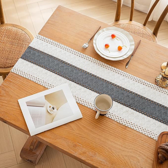 FEXIA Boho Table Runner for Home Decor with Tassels 90 Inches Long,Grey Farmhouse Rustic Table Runner Macrame Burlap Table Decoration for Living Room Bridal Shower(12x90 Inches)