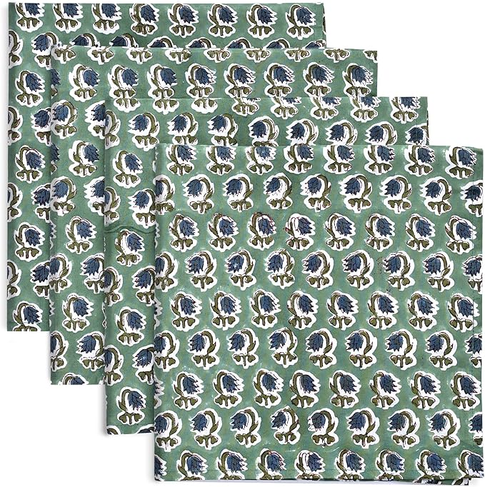 Ridhi Basil Green Hand Block Print 100% Cotton Napkins 18" x 18" (Set of 4) Reuseable Kitchen Napkins Cloth Decor Dinner Party Wedding Cocktail Gift for Spring, Easter, Valentine