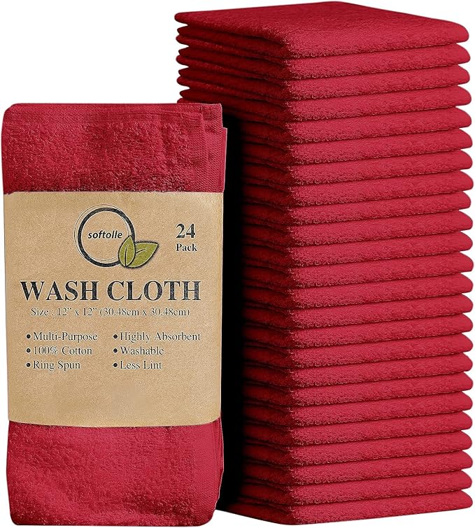 Softolle 100% Cotton Washcloths 24 Pack (12x12 Inches) Soft, Highly Absorbent Washcloth, Face Towels, Wash Cloths for Face, Ring Spun, Bulk Pack (Red)