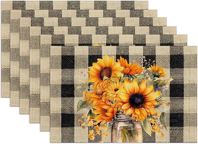 Watercolor Sunflower Placemats Set of 6,12x18 Inch Flower Floral Linen Place Mat Washable Stain Resistant Table Mats for Spring Summer Seasonal Farmhouse Kitchen Party Home Decor