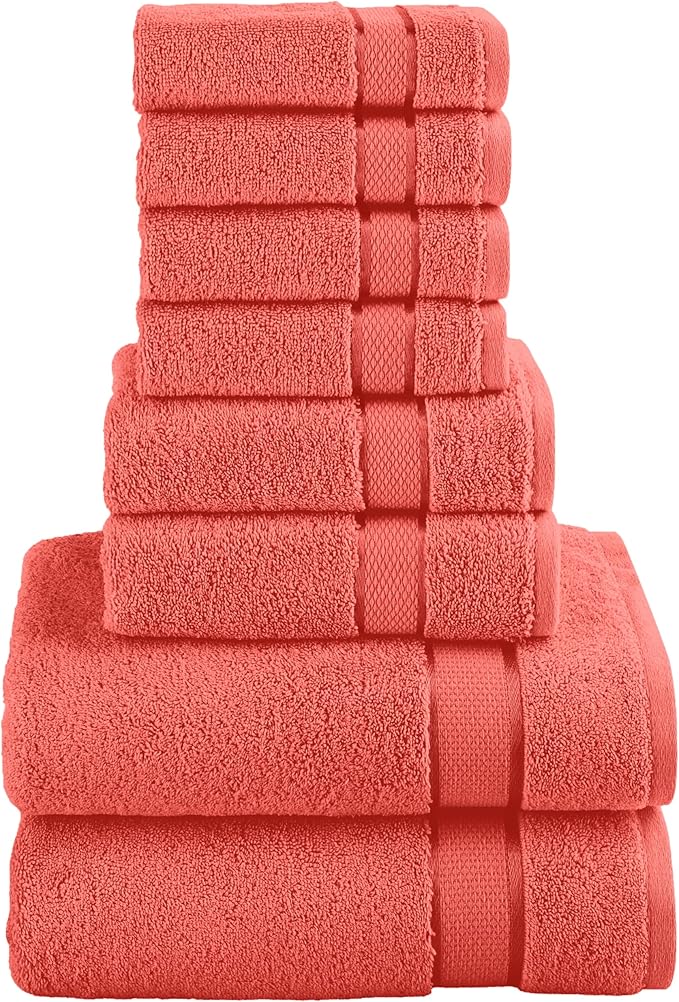 Elegant Comfort Premium Cotton 8-Piece Towel Set, Includes 4 Washcloths, 2 Hand Towels and 2 Bath Towels, 100% Turkish Cotton - Highly Absorbent and Super Soft Towels for Bathroom, Coral
