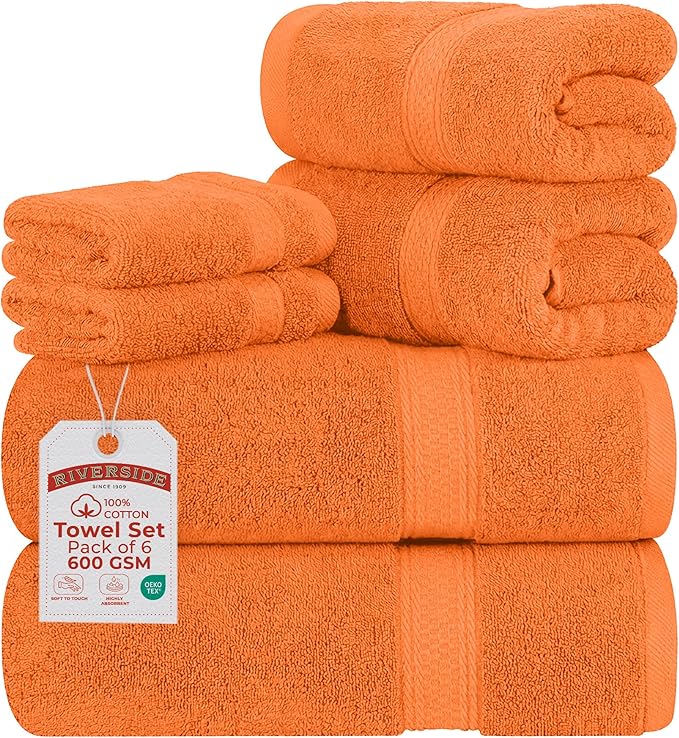 RIVERSIDE Luxury 6 Piece Towel Set, 2 Bath Towels, 2 Hand Towel, 2 Wash Cloths, 100% Cotton, 600 GSM Hotel Quality, Soft, Highly Absorbent Towels for Bathroom, Orange Towel Sets