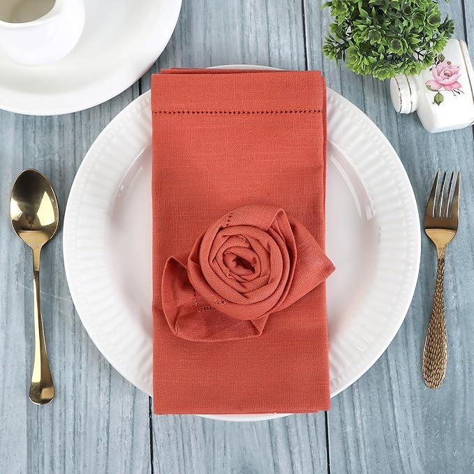 FINGERCRAFT Cloth Napkins, Hemstitched Napkins Cloth, 20 x 20 Inch Generous Picot Hem and Mitered Corner, Everyday Use Premium Quality Perfect for Parties Dinners Weddings Cocktail Set of 6 Rust