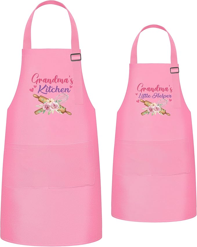 R HORSE 2Pcs Adults Kids Matching Apron Set Grandma and Me Adjustable Kitchen Apron with 2 Pockets Matching Gift for Grandma and Granddaughter Cooking Baking Painting Training Back to School Gifts
