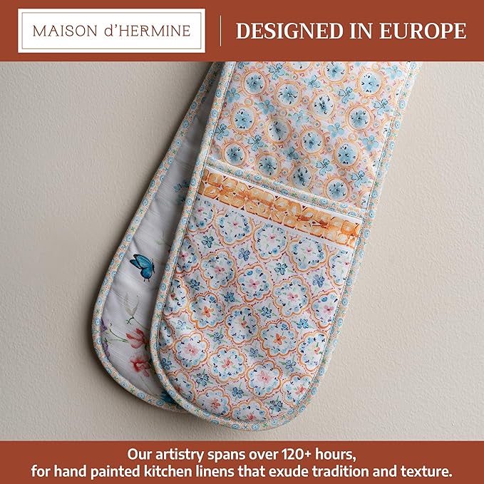 Maison d' Hermine Double Oven Mitts 100% Cotton 7"x35" Double Oven Mitt Heat Resistant BBQ Cooking Gloves with Loop Baking Grilling Gifts for Mothers Day Spring Summer (Summer Whisper)