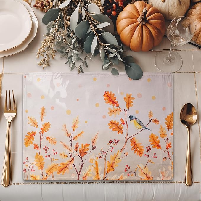 Maison d' Hermine Placemats Set of 4 100% Cotton Washable Cloth Place Mats, Reusable Table Mats for Thanksgiving Christmas Decorations Kitchen Dining Party Wedding Restaurant (Oak Leaves, 13" x 19")