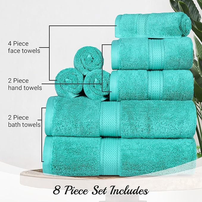 SUPERIOR Egyptian Cotton Pile 8 Piece Towel Set, Includes 2 Bath, 2 Hand, 4 Face Towels/Washcloths, Ultra Soft Luxury Towels, Thick Plush Essentials, Guest Bath, Spa, Hotel Bathroom, Turquoise