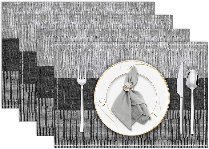 Niviy Black Placemats Set of 4, 12x18 Inch Washable Easy to Clean Heat-Resistant Anti-Skid Indoor Outdoor Table Mats for Holiday Party Kitchen Dining Room Decoration