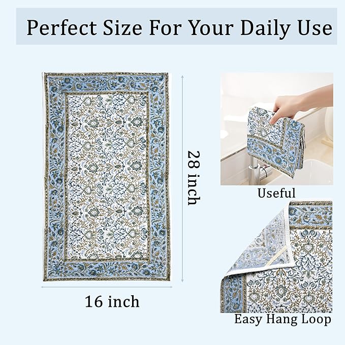 Ridhi Indigo Blue Hand Block Print Waffle Kitchen Towel Set of 3-16 x28 Ultra Absorbent Quick Dry 100% Cotton Dish Towels Lightweight Reusable Sustainable Tea Towels for Cleaning and Drying
