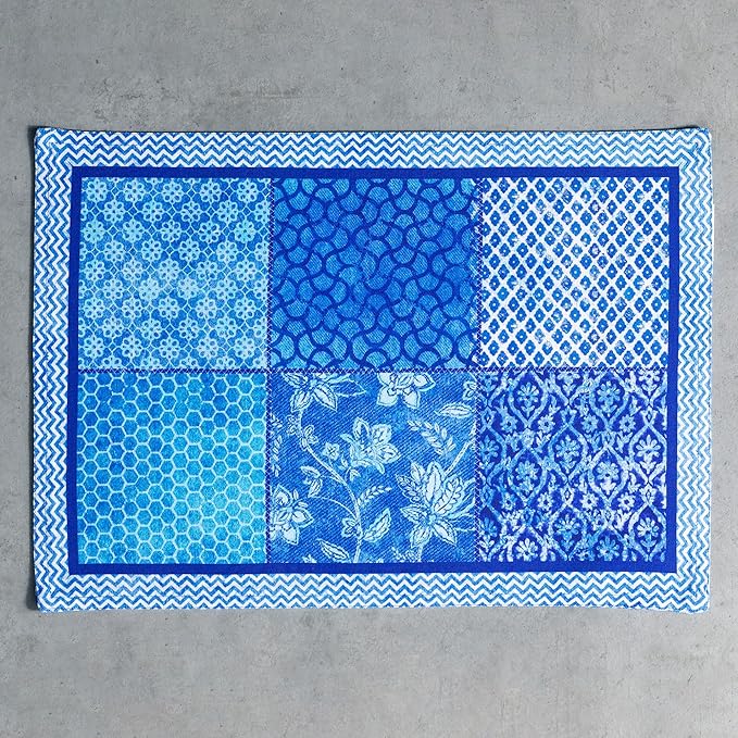 Maison d' Hermine Placemats Set of 4 100% Cotton Washable Cloth Place Mats Reusable Table Mats for Kitchen Dining Party Wedding Gifts for Mothers Day Spring/Summer (Indigo Love, 13" x 19")