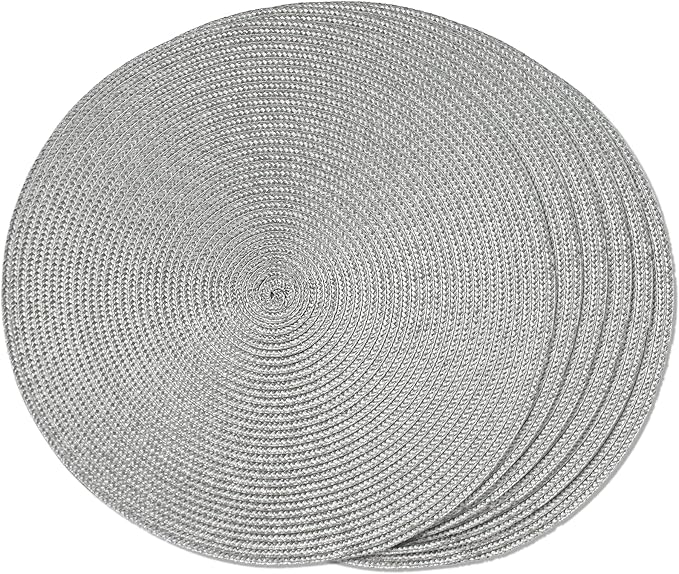 FunWheat Round Braided Placemats Set of 6 Table Mats for Dining Tables Woven Washable Non-Slip Place mats 15 inch(Grey, 6pcs)