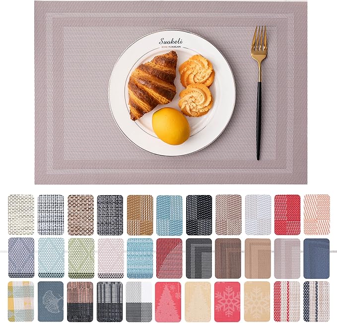 CADONO Placemats Set of 6 Washable Indoor/Outdoor Vinyl Place Mats for Dining Table Durable Non-Slip Heat Resistant PVC Weave Table Mats（Simple Style-Silver-Gray）
