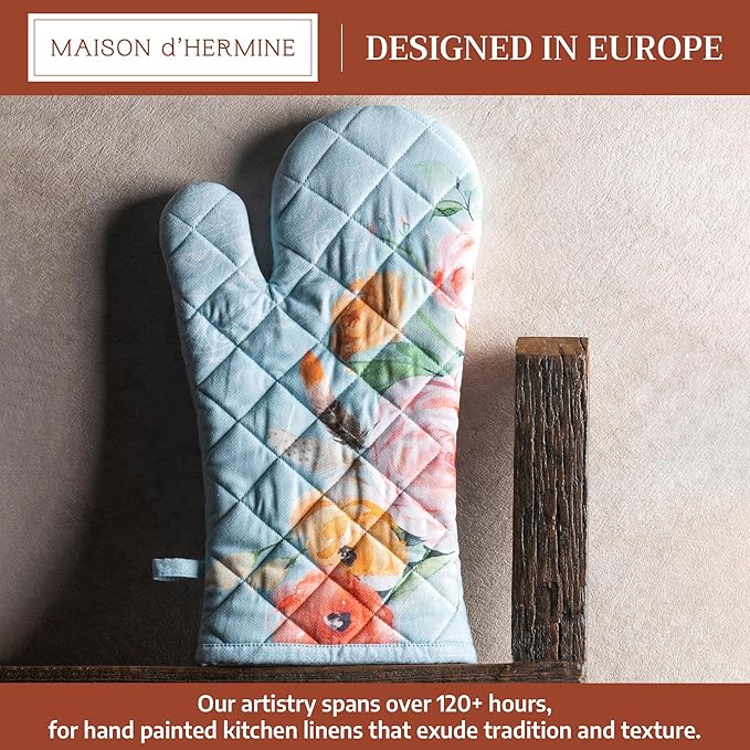 Maison d'Hermine Oven Gloves 100% Cotton Oven Mitt 7" x 13" with Loop Heat Resistant BBQ Cooking Gloves Baking Grilling Gifts for Mothers Day Spring/Summer (Pack of 1, Ibiza - Blue)