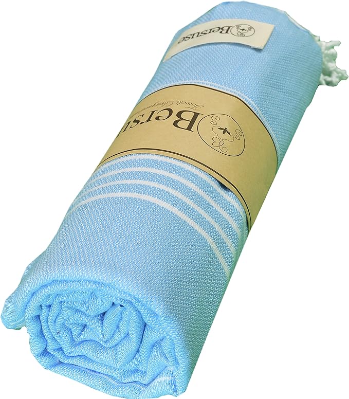 Bersuse Towels Anatolia XL Beach Blanket Throw Blanket Turkish Towel 100% Cotton Extra-Large Quick-Dry Lightweight Premium Peshtemal Towel - 61x82 Inches, Blue (Set of 6)