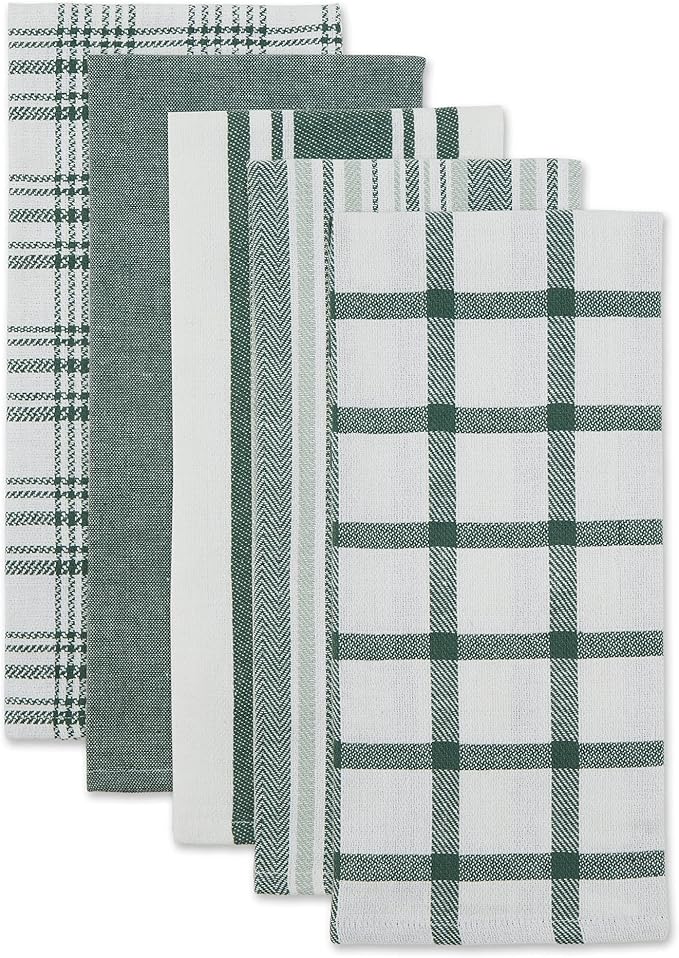DII Assorted Woven, Kitchen Dishtowel Set, 18x28, Dark Green, 5 Piece
