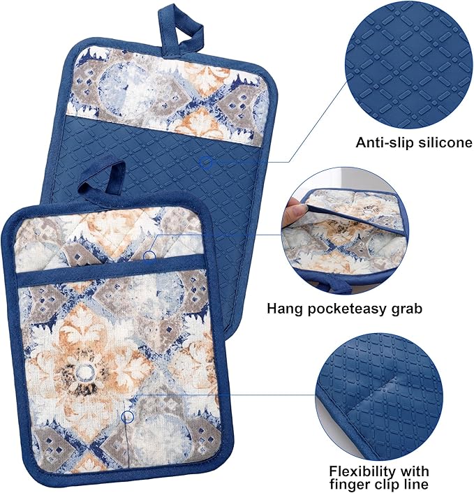 Oven Mitts and Pot Holders with Cooking Apron Set of 5, Heat Resistant Kitchen Gloves and Silicone Non-Slip Potholders, Adjustable Neck Buckle Chef Apron, Cotton Nice Design for Cooking (Blue Retro)