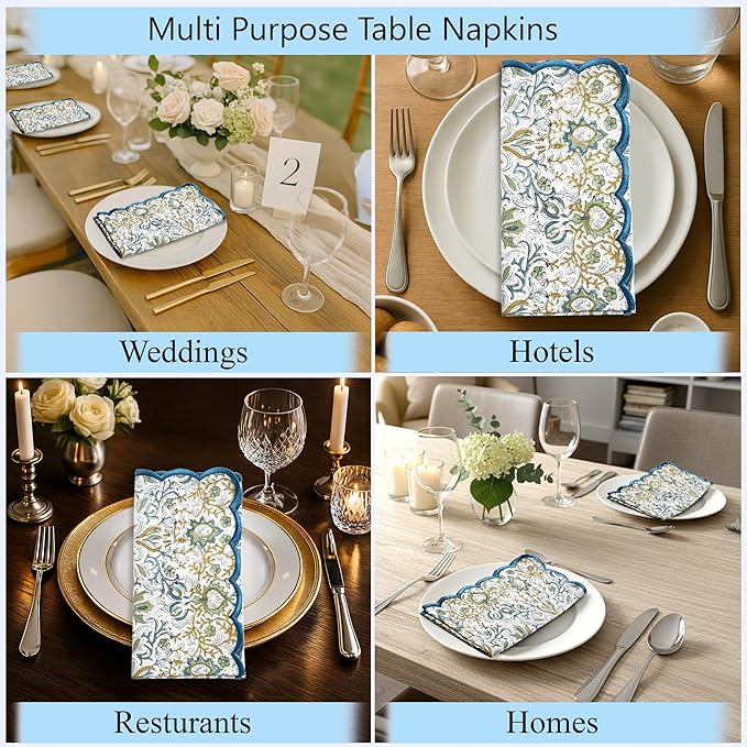 Ridhi Hand Block Print Indigo Floral 18" x 18" (Set of 4) Embroidery Table Napkins Reusable Cotton Dinner Napkins for Weddings, Parties, Everyday Dining Gift for Spring, Easter, Valentine
