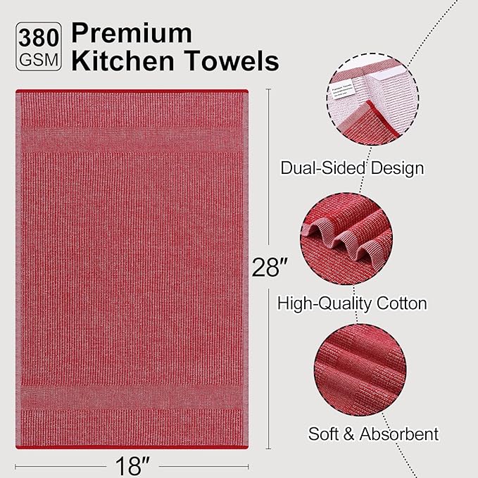Mordimy Premium Kitchen Towels 6 Pack (18 x 28 Inches, Red), Large Cotton Kitchen Hand Towel, Flat & Terry Dish Towels for Drying Dishes, Super Absorbent Tea Dishtowels Set with Hanging Loop