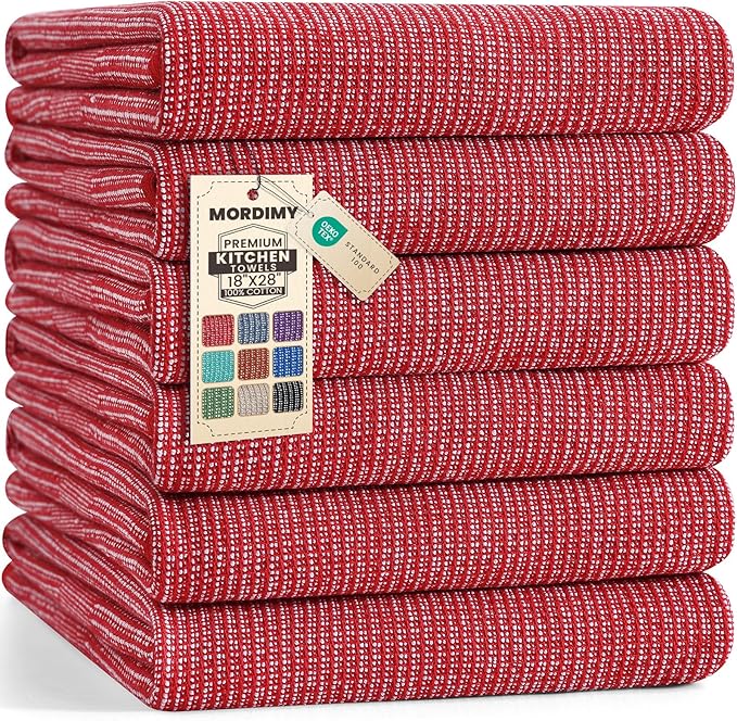 Mordimy Premium Kitchen Towels 6 Pack (18 x 28 Inches, Red), Large Cotton Kitchen Hand Towel, Flat & Terry Dish Towels for Drying Dishes, Super Absorbent Tea Dishtowels Set with Hanging Loop