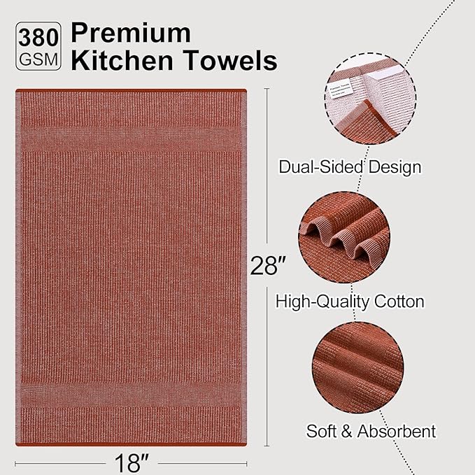 Mordimy Premium Kitchen Towels 8 Pack (18 x 28 Inches, Rust), Large Cotton Kitchen Hand Towel, Flat & Terry Dish Towels for Drying Dishes, Super Absorbent Tea Dishtowels Set with Hanging Loop