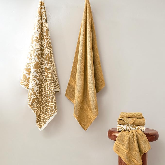 Modern Threads Botanical Vine 6-Piece 100% Cotton Towel Set – Reversible Yarn Dyed Jacquard – Includes 2 Bath Towels, 2 Hand Towels, 2 Washcloths – Absorbent, Quick Dry, Soft & Durable – Gold