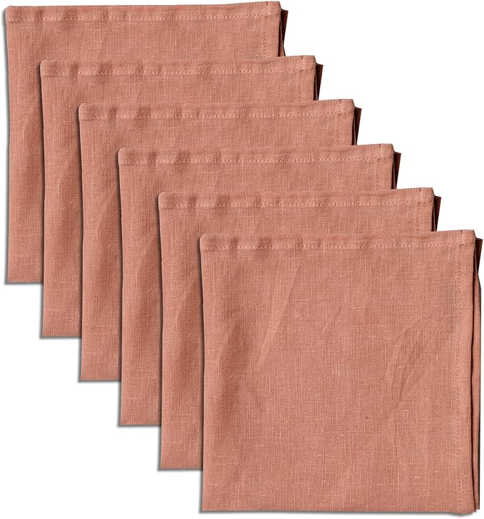 100% Pure Linen Dinner Cloth Napkins 15 x 15 Inch Dusty Pink - Set of 6 Pack European Flax Natural Fabric Washable for Home and Kitchen