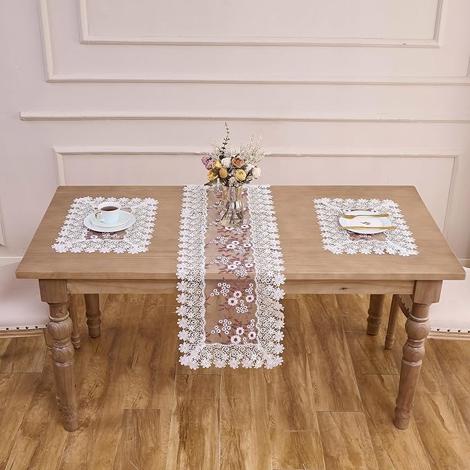 White Dark Red Silver Floral Lace Placemats 14”x20” Set of 2, Table Topper Dresser Scarf Place Mats (Set of 2, White & Dark Red)