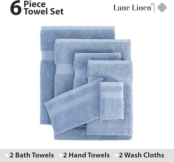LANE LINEN 100% Cotton Bath Towels 6 Piece Set - Super Soft, Quick Dry & Absorbent - 2 Bath, 2 Washcloths, 2 Hand Towels for Bathroom - Hotel Quality, Minimal Lint after 3 Washes - Cerulean Blue
