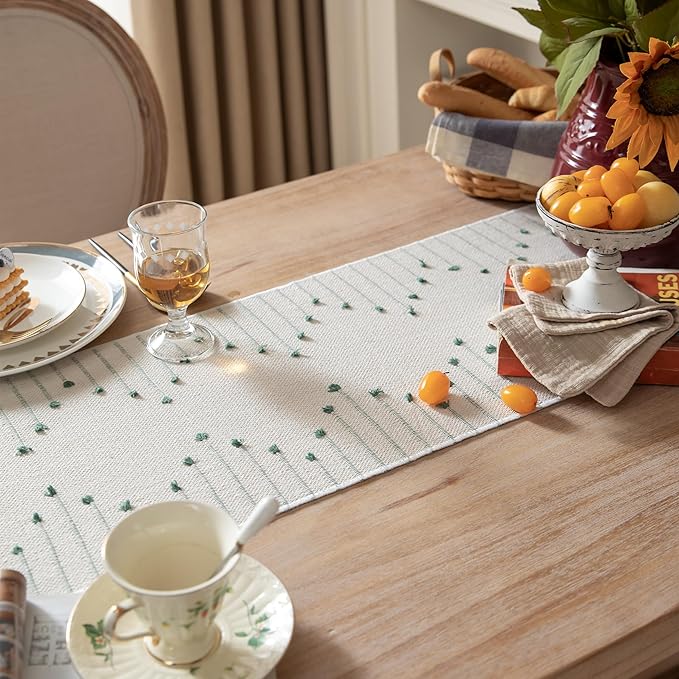 Boho Table Runner 13 x 60 Inch Long Natural Cotton Woven Runner with Tassels for Home Dining Table décor, for Modern Farmhouse Decor Coffee Table Runner, Green and Beige