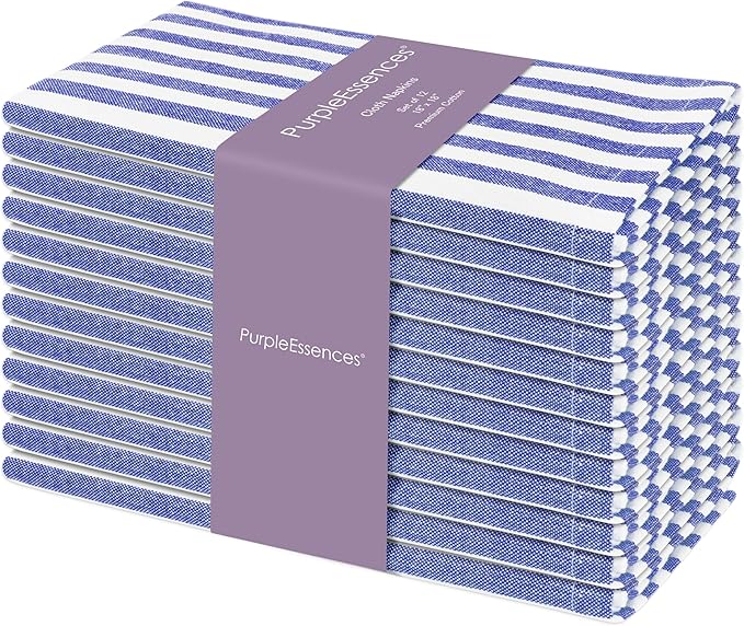 PurpleEssences Plain Striped Cloth Napkins - Set of 12-100% Cotton - 18 x 18 Inch - Spring Easter Summer and Perfect Everyday Use Dinner Napkin - Blue and White