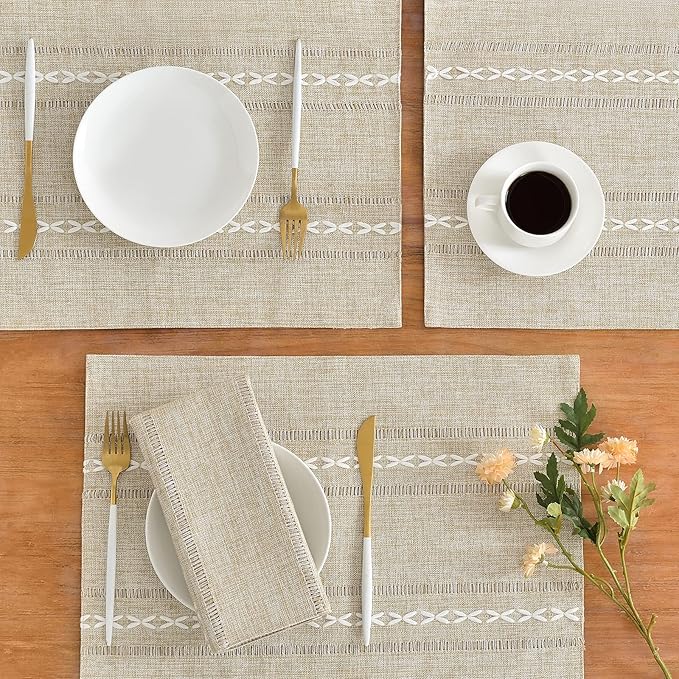 Wracra Cotton Linen Placemats, 12 x 18 Inch Set of 8 Placemats Rustic Hemstitch Place Mats for Kitchen Table and Heat Resistant-Hemstitch Coffee