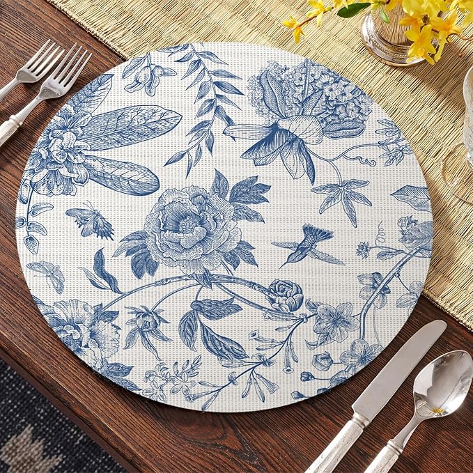 Artoid Mode Blue Floral Vinyl Round Spring Placemats Set of 4, Washable Heat Resistant Non-Slip Woven Summer Plastic PVC Place Mats for Farmhouse Party Kitchen Dining Decor