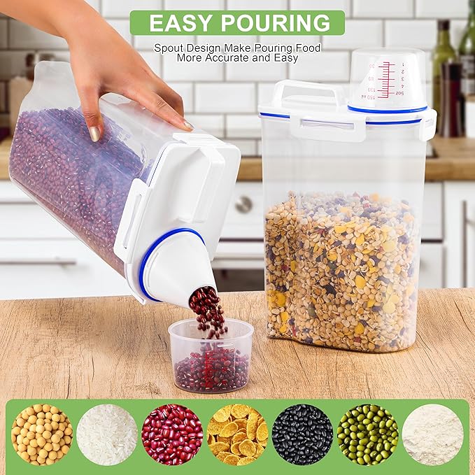 4 Pcs Set Rice Storage Container 5.5lb, Rice Dispenser with Measuring Cup & Pour Spout for Flour Pasta Grain Pet Dog Cat Bird Food Storage Container