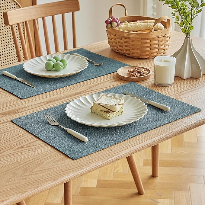 Softalker Faux Linen Placemats Set of 12-12 x 18 Inch, Heat Resistant Double Layered Durable Burlap Farmhouse Place Mats, Non-Slip Washable Rustic Table Mats for Dining, Kitchen, Party（Light Blue