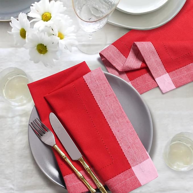 Bedding Craft Christmas Cloth Napkins Set of 12 – 20x20 Red Cotton with Double Hemstitch – Soft, Durable & Washable Table Napkins for Farmhouse Décor, Thanksgiving, Holiday Parties & Everyday Use