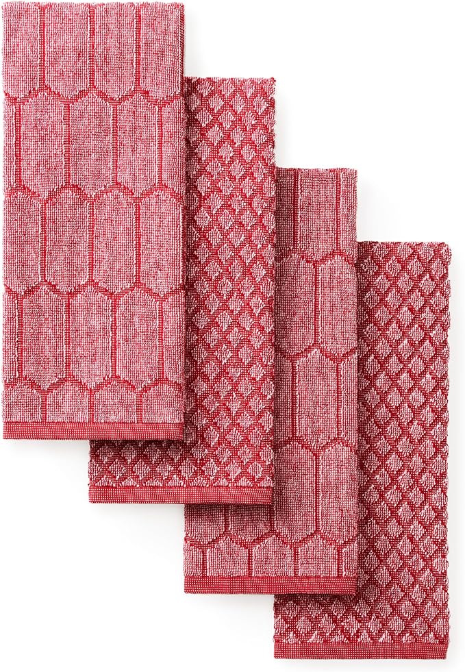 Martha Stewart Honeycomb Chambray Textured Kitchen Towel 4-Pack Set, 100% Cotton with Absorbent Terrycloth, Decorative Kitchen Towels, Red, 16"x28"