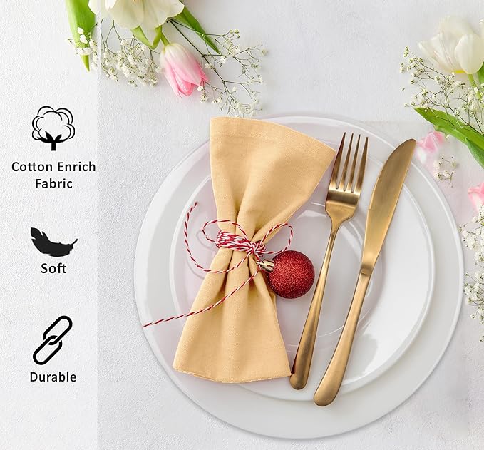 Ruvanti Cloth Napkins Set of 12, 18x18 Inches Napkins Cloth Washable, Soft, Durable, Absorbent, Cotton Blend. Table Dinner Napkins Cloth for Hotel, Lunch, Restaurant, Wedding, Parties - Yellow Gold