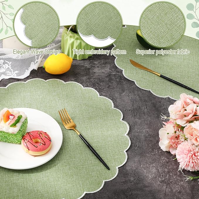 Set of 6 Round Placemats 15 Inch Cotton Scalloped Embroidery Placemat Washable Double Layered Rustic Dinner Table Mat Decor Fabric for Hotel Restaurant Kitchen(Green/White,Classic)