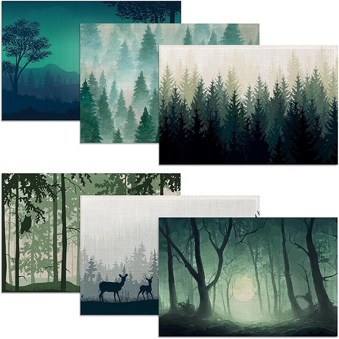 Misty Forest Placemats, 12 x 18 inch, Linen Placemat Kitchen Dining Room Decor Holiday Decor Rustic Vintage Waterproof Washable Placemat Set of 6
